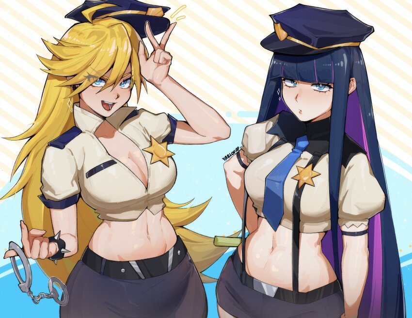 2girls, absurdres, ahoge, alternate_costume, arm_up, black_hair, black_skirt, blonde_hair, blue_eyes, blue_necktie, blunt_bangs, breasts, cleavage, closed_mouth, cuffs, hand_on_own_hip, handcuffs, hat, highres, large_breasts, long_hair, miniskirt, multicolored_hair, multiple_girls, navel, necktie, open_mouth, panty_&amp;_stocking_with_garterbelt, panty_(psg), pink_hair, police, police_hat, police_uniform, policewoman, puffy_short_sleeves, puffy_sleeves, short_sleeves, skirt, spiked_cuffs, stocking_(psg), suspender_skirt, suspenders, teeth, yablofap