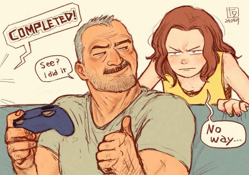1boy, 1girl, 2024, aaron_gruber_(o_natsuo88), beard_stubble, brown_hair, controller, facial_hair