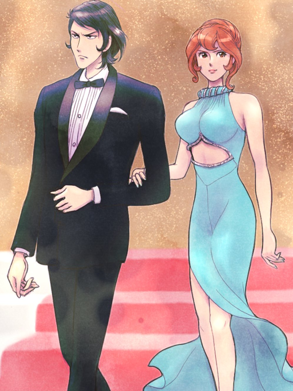 1boy, 1girl, black_bow, black_bowtie, black_hair, black_jacket, black_pants, black_suit, blue_dress, bow, bowtie, breasts, brown_eyes, clothing_cutout, dress, formal_clothes, goekakisan_(adelma), hand_on_another's_arm, highres, ishikawa_goemon_xiii, jacket, large_breasts, lipstick, lupin_iii, makeup, male_focus, medium_hair, mine_fujiko, orange_hair, pants, shirt, short_hair, sleeveless, sleeveless_dress, stomach_cutout, suit, walking, white_shirt