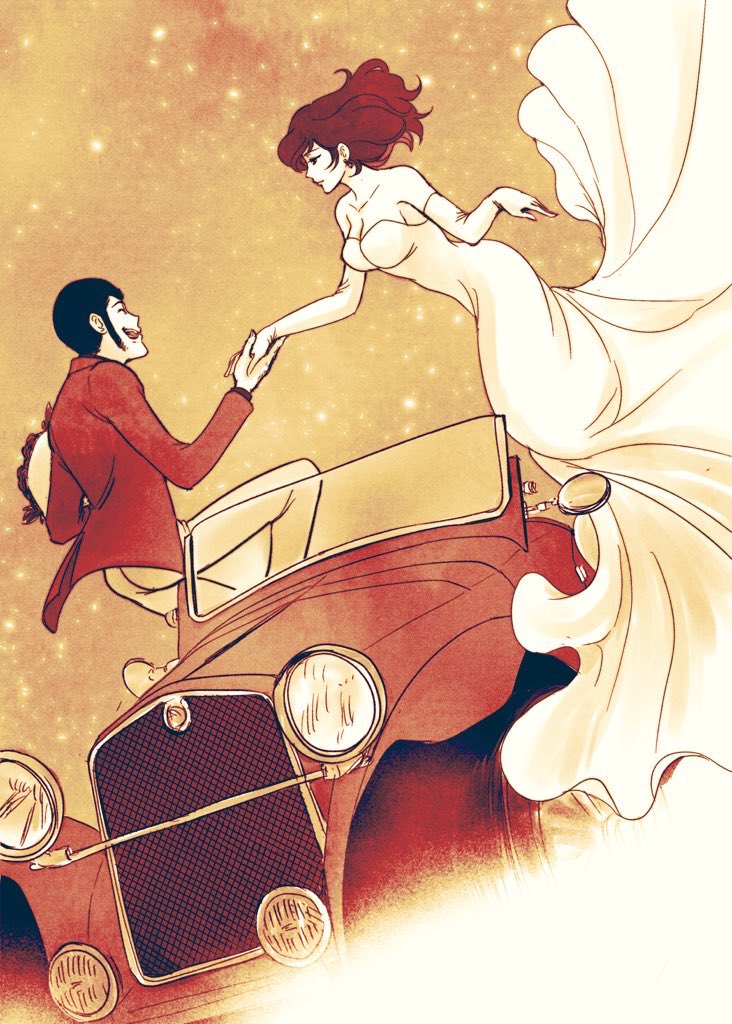 1boy, 1girl, ^_^, arsene_lupin_iii, black_hair, bouquet, breasts, car