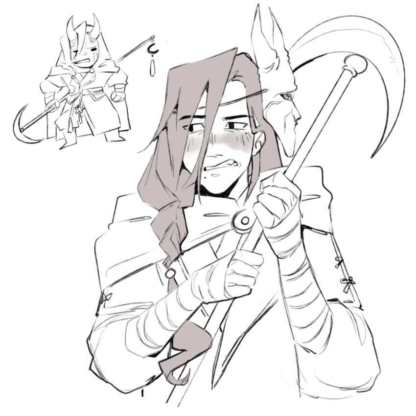 1boy, arm_wrap, asymmetrical_bangs, black_eyes, braid, cape, chibi, chibi_inset