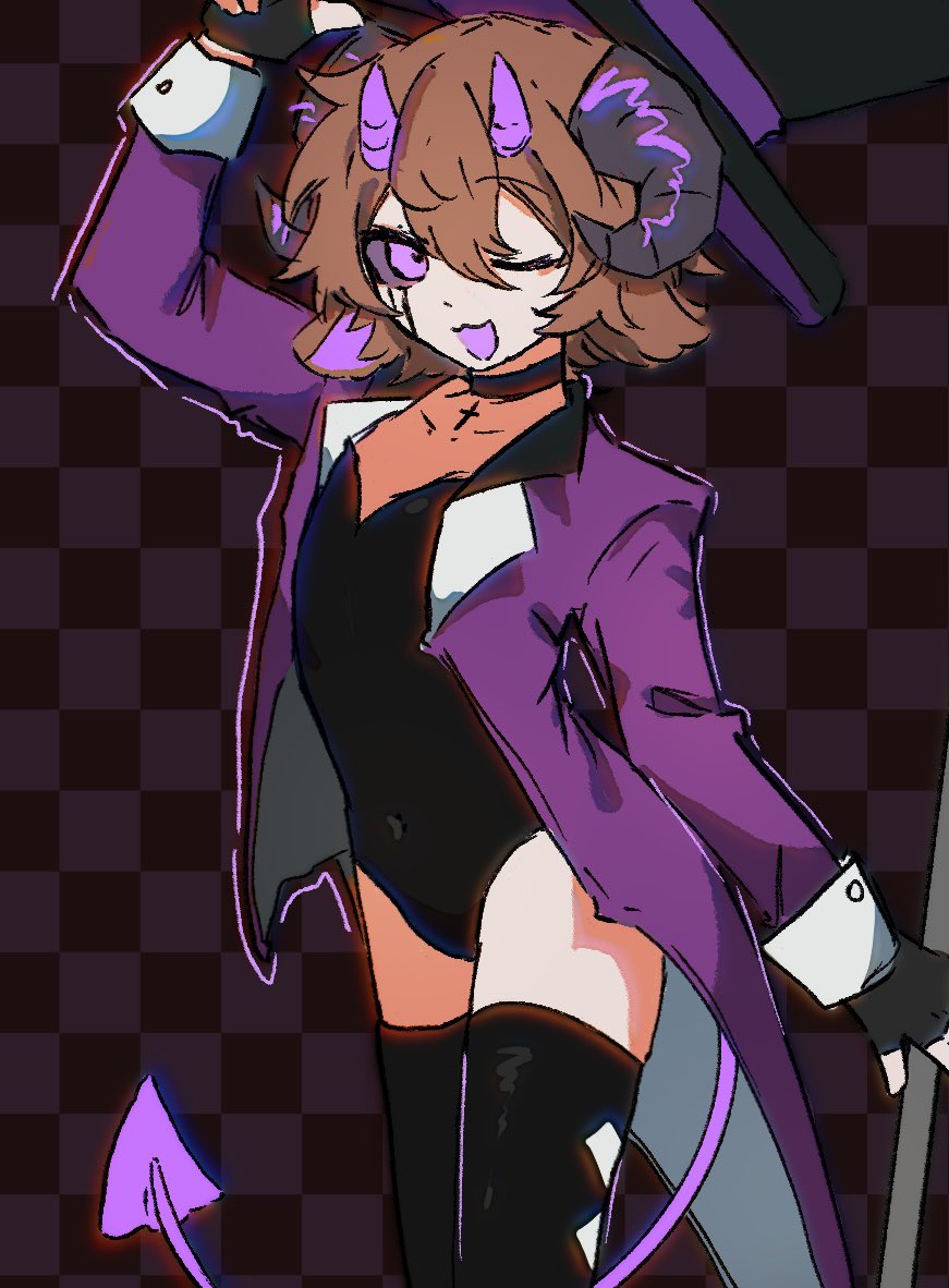 1boy, alternate_costume, androgynous, animal_ears, animification, bishounen, black_hat, black_leotard, black_sclera, black_thighhighs, brown_hair, checkered_background, chinese_commentary, coat, colored_sclera, commentary_request, cowboy_shot, crossdressing, crossdressing_(mtf), demon_boy, demon_horns, demon_tail, hat, holding, horns, itzsubz, lanchi0226, leotard, lifesteal_smp, long_sleeves, looking_at_viewer, male_focus, minecraft_youtube, one_eye_closed, purple_coat, purple_eyes, purple_horns, sheep_boy, sheep_ears, sheep_horns, short_hair, solo, standing, tail, thighhighs, top_hat, trap