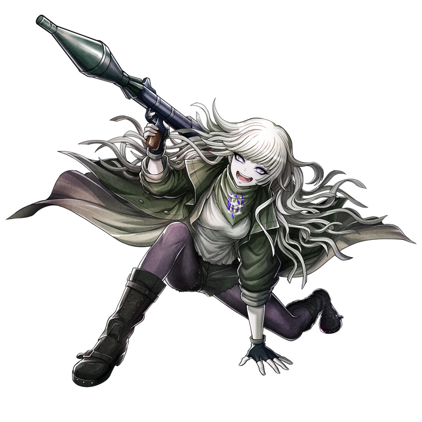 1girl, bandana, black_boots, black_gloves, black_shorts, boots, crazy_eyes, fingerless_gloves