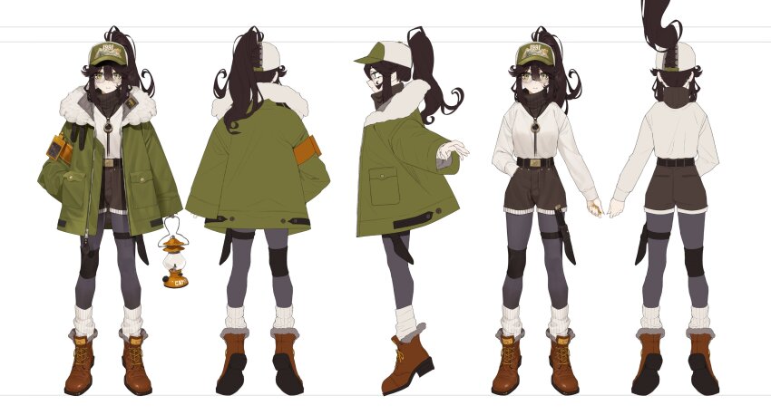 1girl, absurdres, baseball_cap, boots, brown_hair, coat, commentary, english_commentary