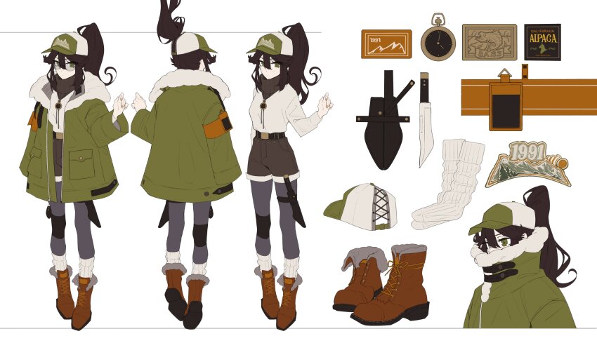 1girl, absurdres, baseball_cap, boots, brown_hair, coat, commentary, english_commentary