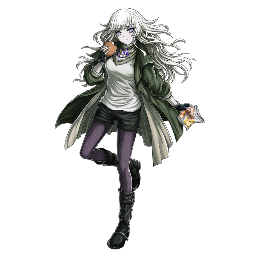 1girl, bag, bandana, black_boots, black_gloves, black_shorts, boots, bread, chips_(food), eating, facing_to_the_side, fingerless_gloves, food, food_bite, gloves, green_bandana, green_jacket, grey_bandana, grey_eyes, holding, holding_bag, holding_food, jacket, komatsuzaki_rui, long_hair, looking_at_viewer, melon_bread, military_jacket, official_art, open_clothes, open_jacket, pantyhose, potato_chips, purple_pantyhose, shirt, short_shorts, shorts, sleeves_rolled_up, smile, torn_clothes, torn_shirt, transparent_background, tribe_nine, white_hair, white_jacket, white_shirt, yukigaya_enoki