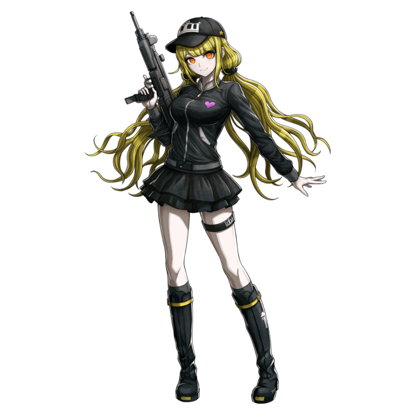 1girl, arisugawa_saori, baseball_cap, belt, black_belt, black_boots, black_hat, black_scrunchie, black_skirt, black_sweater, black_thighhighs, blonde_hair, boots, facing_viewer, gun, hat, holding, holding_gun, holding_weapon, holster, komatsuzaki_rui, long_hair, looking_at_viewer, official_art, open_hand, orange_eyes, outstretched_arm, pleated_skirt, scrunchie, skirt, sweater, thigh_belt, thigh_holster, thigh_strap, thighhighs, transparent_background, tribe_nine, twintails, weapon