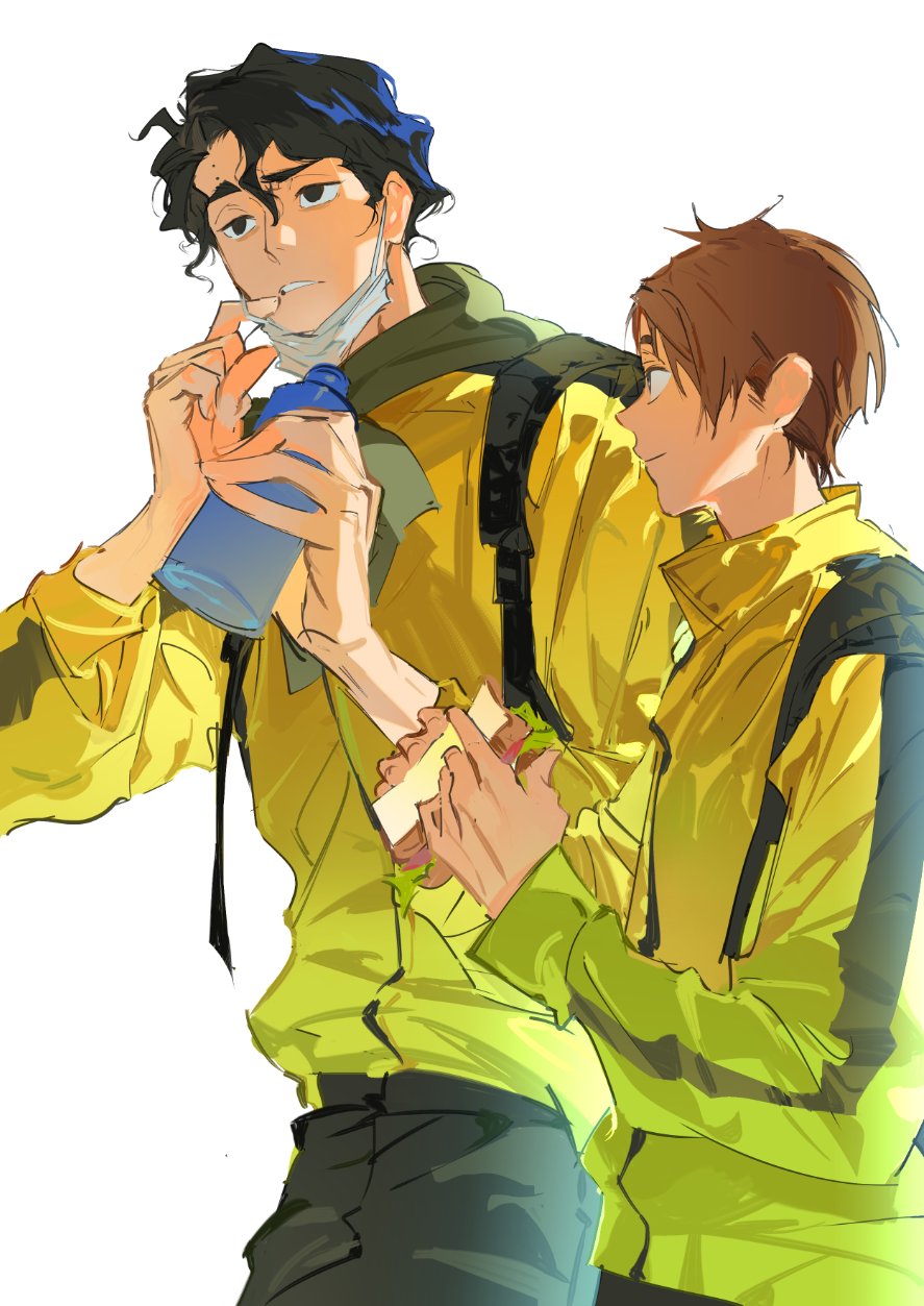 2boys, arms_up, atie1225, backpack, bag, black_hair, black_pants, bottle
