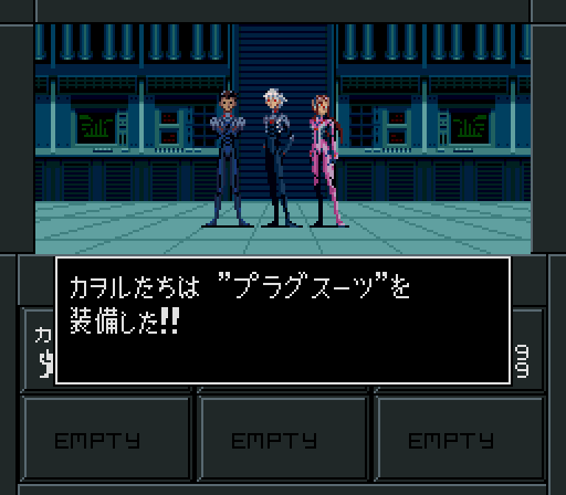 1girl, 2boys, arms_at_sides, arms_behind_back, black_bodysuit, blue_bodysuit, bodysuit, brown_hair