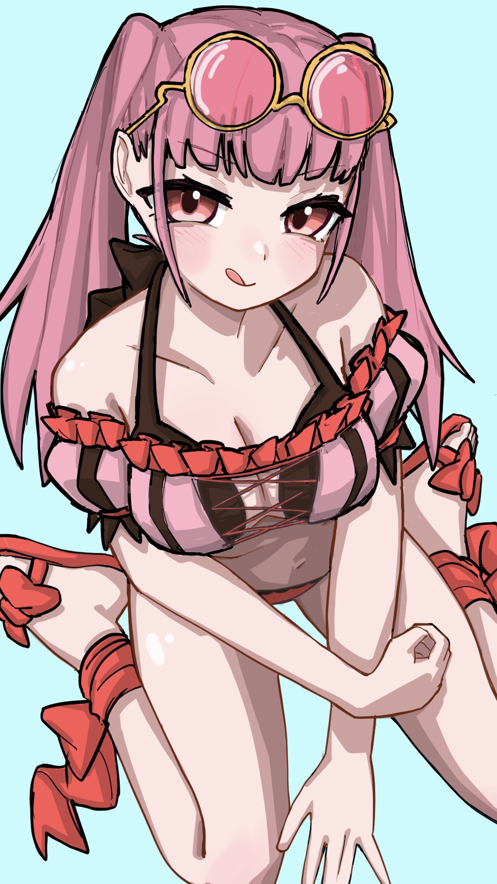 1girl, :q, aaaakunaaaa, alternate_costume, bikini, breasts, cleavage, eyewear_on_head