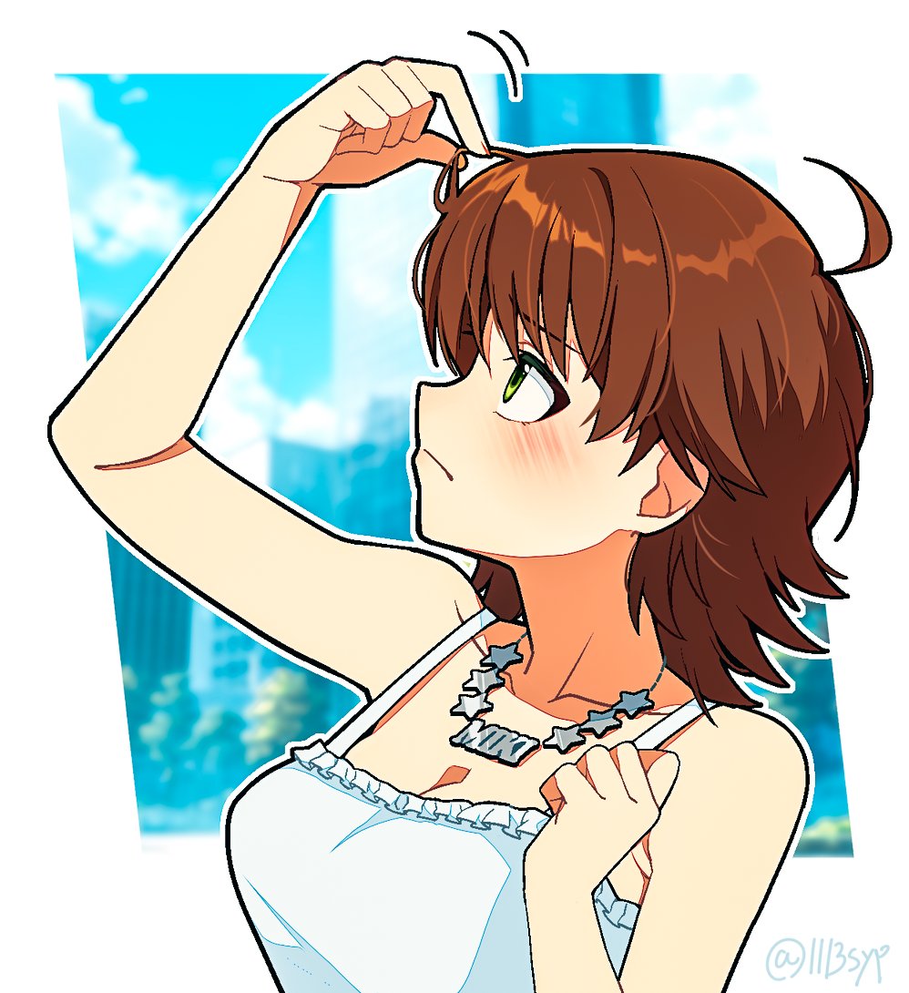 1113syp, 1girl, ahoge, arm_up, awakened_miki, bare_arms, bare_shoulders, blue_sky