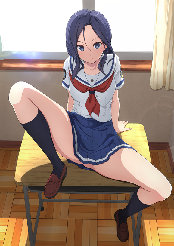 1girl, black_hair, black_socks, blue_eyes, blue_skirt, brown_shoes, commentary_request, curtains
