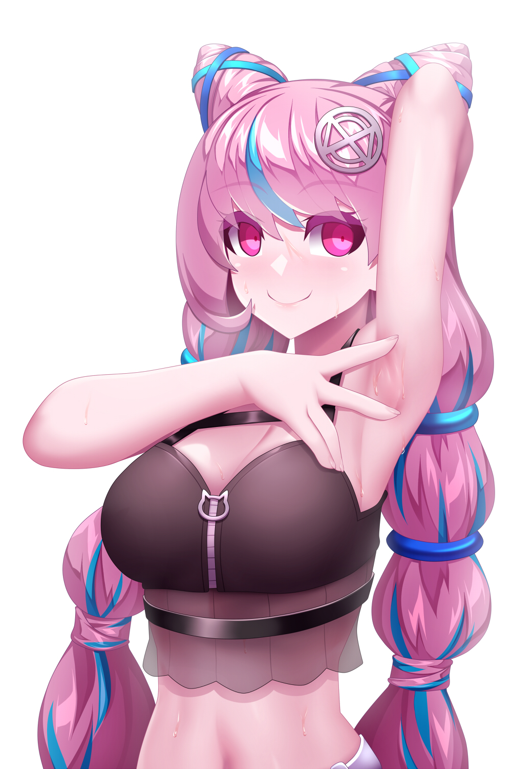 1girl, arm_up, armpit_focus, armpits, blue_hair, breasts, cleavage, cone_hair_bun
