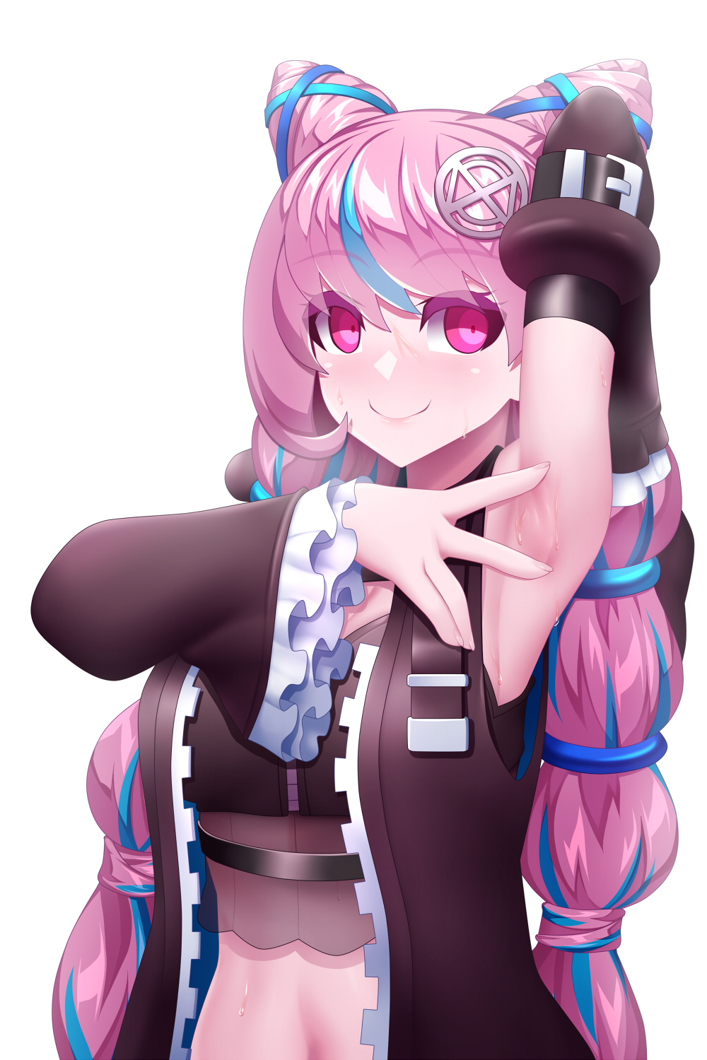 1girl, arm_up, armpit_focus, armpits, blue_hair, cone_hair_bun, detached_sleeves, double_bun, fi-san, hair_bun, hair_ornament, highres, jacket, long_hair, looking_at_viewer, midriff, multi-tied_hair, multicolored_hair, open_clothes, open_jacket, pink_eyes, pink_hair, semba_tsuruko, smile, solo, spread_armpit, streaked_hair, tribe_nine, twintails, white_background