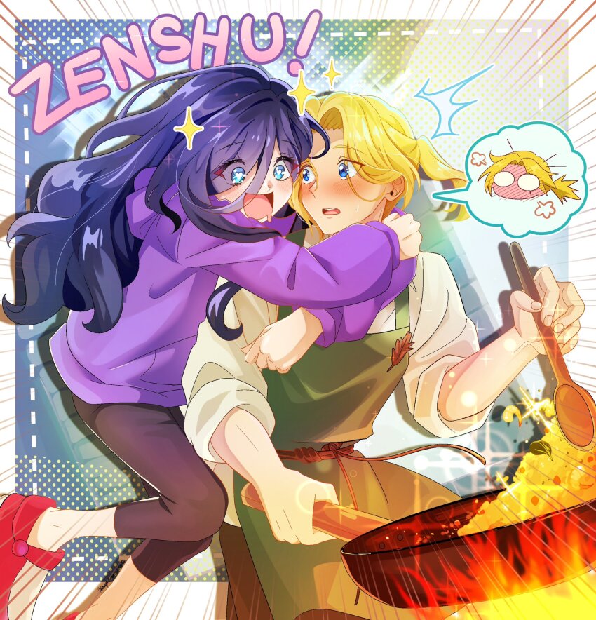 1boy, 1girl, apron, black_hair, black_pants, blonde_hair, blue_eyes, blush