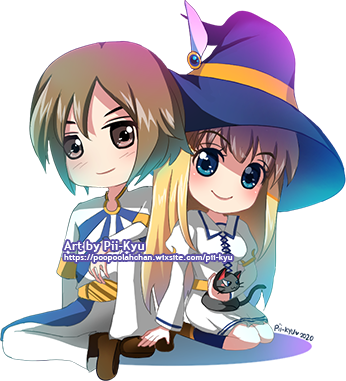 1boy, 1girl, black_cat, blonde_hair, blue_eyes, blue_hat, blush, brown_eyes