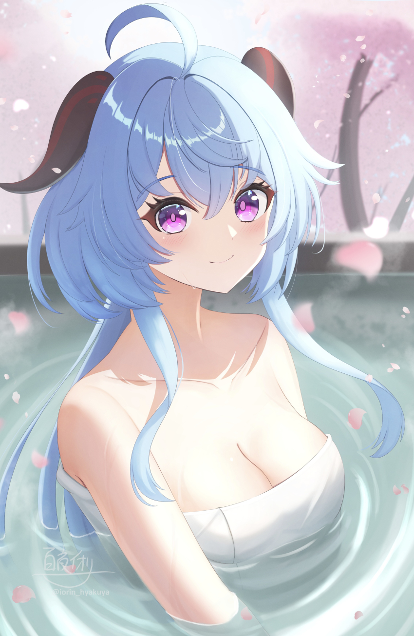 1girl, absurdres, ahoge, bare_shoulders, blue_hair, blush, breasts, cherry_blossoms