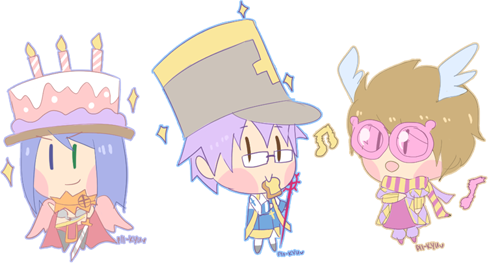 1girl, 2boys, arch_bishop_(ragnarok_online), birthday_cake, birthday_cake_hat, black-framed_eyewear, blue_coat, blue_eyes