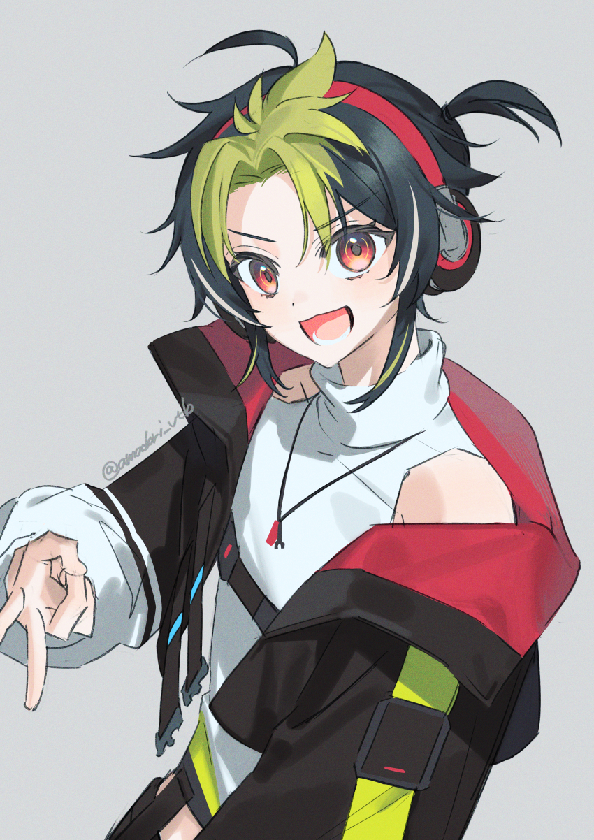 1boy, absurdres, ahoge, black_jacket, green_hair, grey_background, headphones, highres