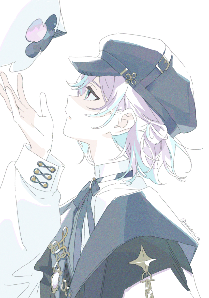 1boy, absurdres, alternate_hair_length, alternate_hairstyle, black_capelet, black_hat, blue_hair, capelet