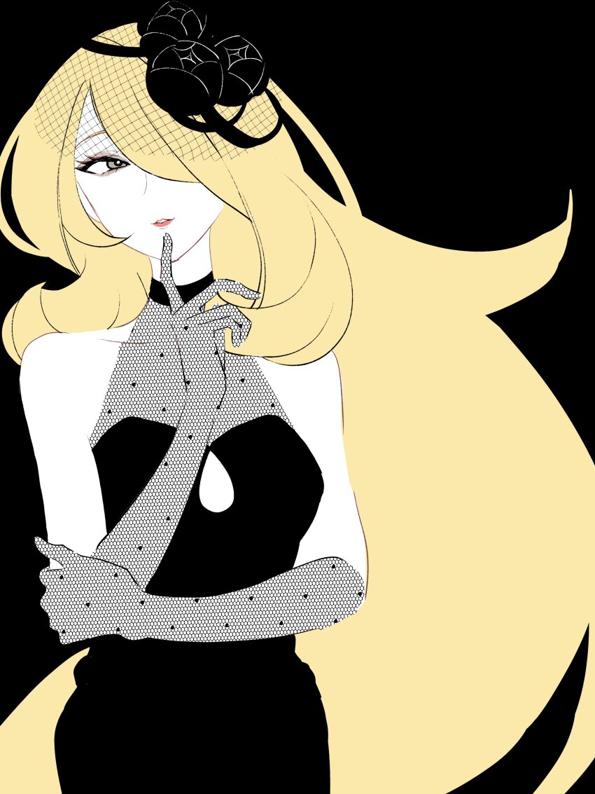 1girl, absurdres, bare_arms, bare_shoulders, black_background, black_choker, black_dress, black_flower