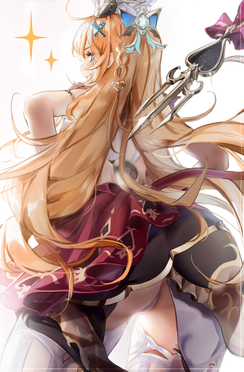 1girl, ahoge, ass, blonde_hair, blue_eyes, blush, bow, chef_hat