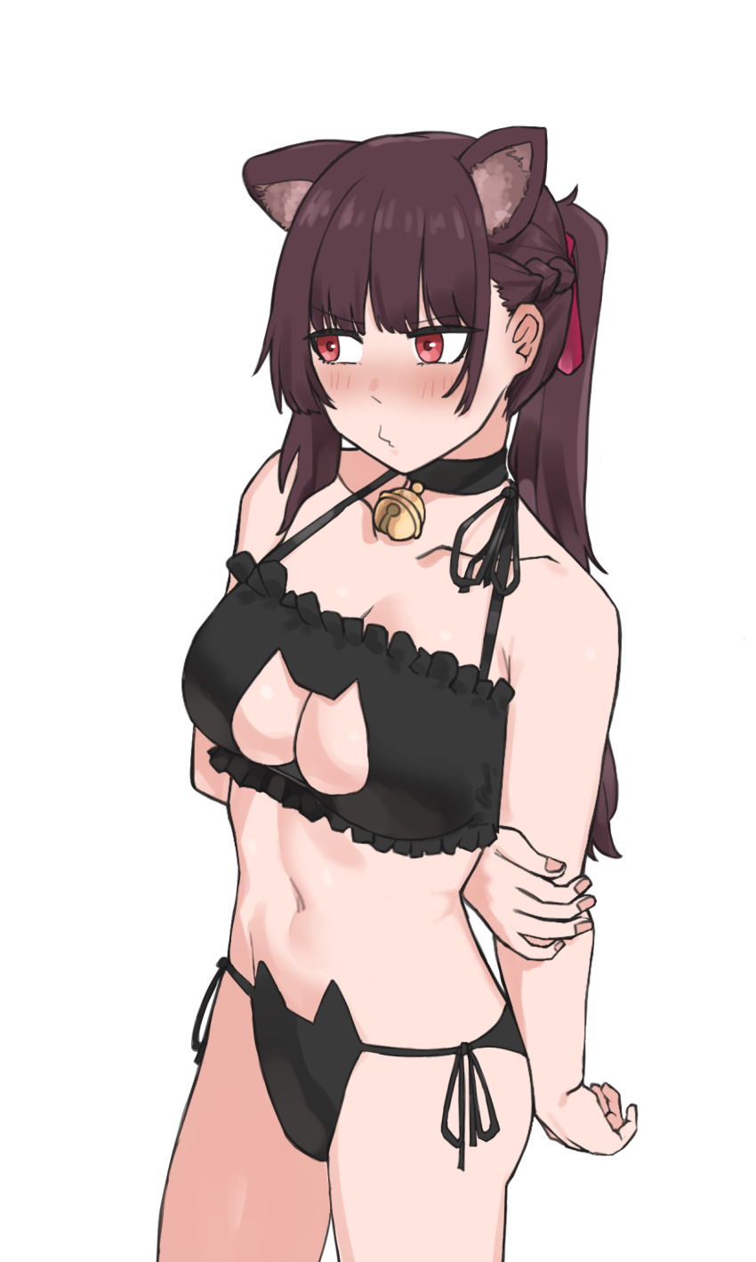 1girl, alternate_costume, animal_ears, arms_behind_back, bell, black_bra, black_choker, black_panties