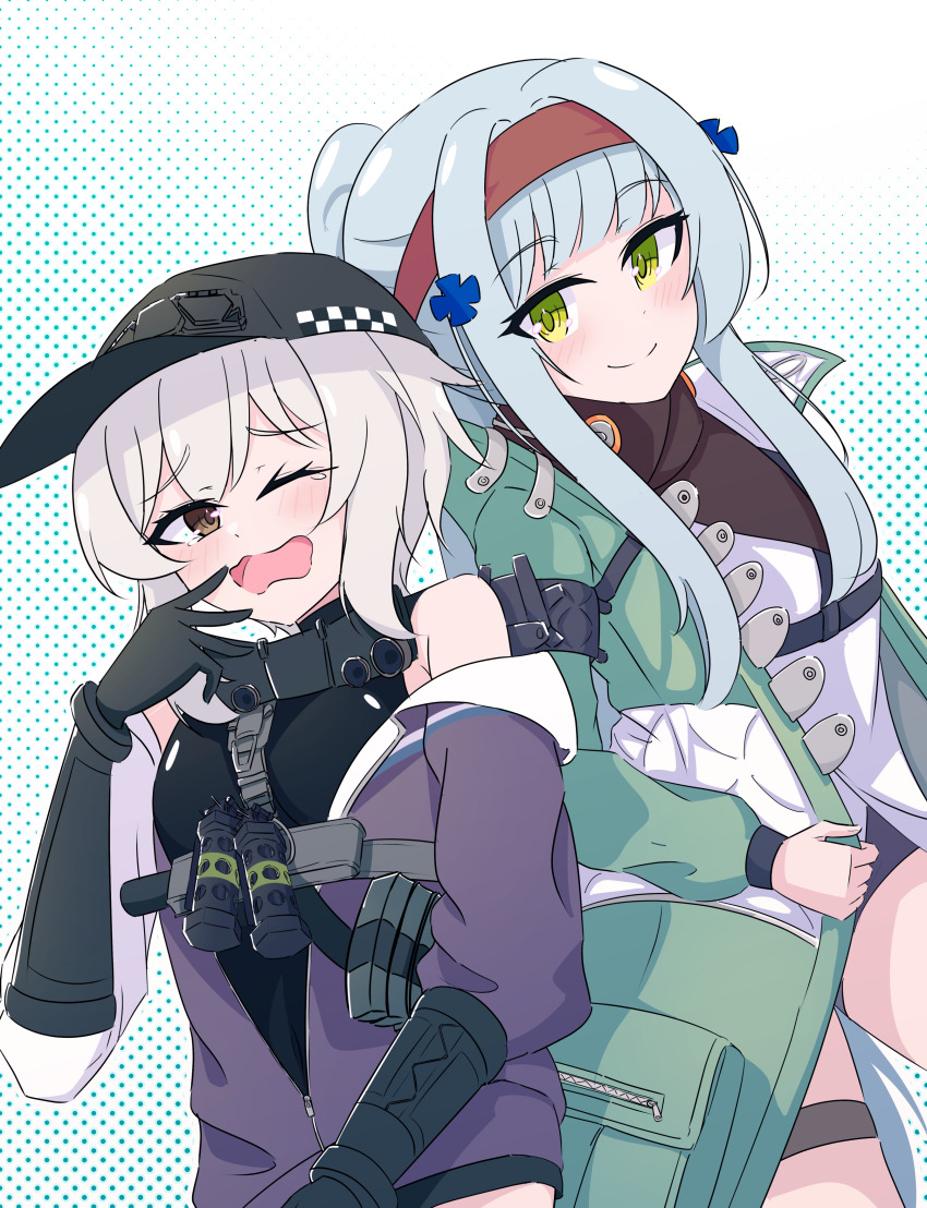 2girls, ;o, absurdres, bare_shoulders, black_gloves, blue_hair, blush, clothes_pull