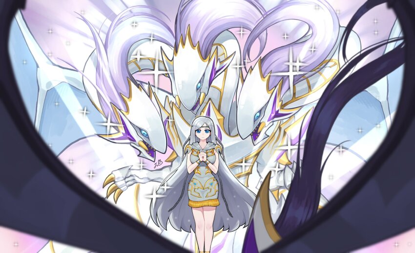1girl, blue-eyes_ultimate_spirit_dragon, blue_eyes, breasts, cowboy_shot, dillo_(smootharmadillo), dragon, dress, duel_monster, grey_dress, grey_hair, highres, large_breasts, long_hair, maiden_of_white, maiden_with_eyes_of_blue, multiple_heads, purple_hair, very_long_hair, white_scales, yu-gi-oh!