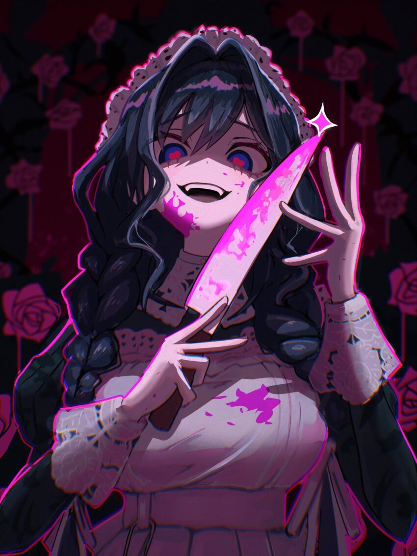 1girl, black_dress, blood, blood_on_face, bloody_knife, blue_eyes, blue_hair, braid, commentary_request, dress, embroidered_dress, fanged_bangs, floral_background, frilled_hat, frills, hair_intakes, hair_over_shoulder, hand_up, hat, heart, heart-shaped_pupils, highres, holding, holding_knife, hololive, hololive_english, juliet_sleeves, knife, long_hair, long_sleeves, looking_at_viewer, low_twin_braids, maid, menacing, messy_hair, mob_cap, numzawa, open_mouth, ouro_kronii, ouro_kronii_(maid), outline, pink_blood, pink_outline, puffy_sleeves, red_pupils, shaded_face, smile, solo, sparkle, suki_suki_daisuki_(song), symbol-shaped_pupils, teeth, twin_braids, upper_body, upper_teeth_only, victorian_maid, virtual_youtuber, white_hat, yandere