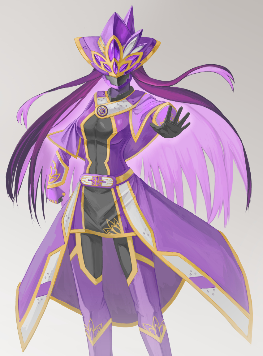 1girl, absurdres, bodysuit, breasts, causal0z, clenched_hand, cowboy_shot, grey_background, hat, helmet, highres, yihdra_arvoln, kizuna_magus, large_breasts, long_hair, purple_bodysuit, purple_hair, purple_helmet, purple_skirt, sentai_red_isekai_de_boukensha_ni_naru, simple_background, skirt, solo, witch_hat