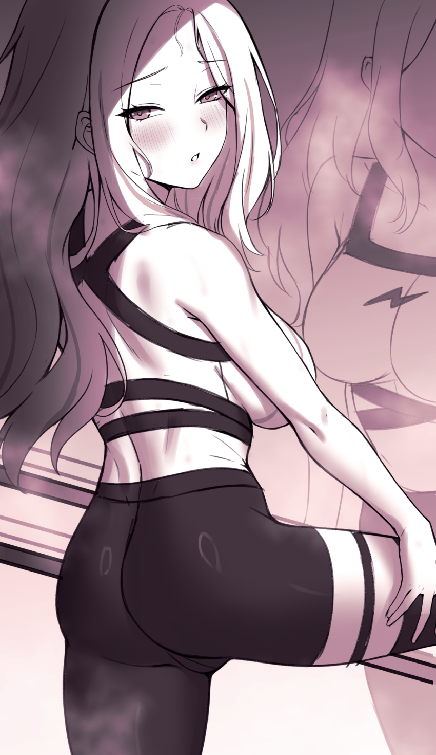 1girl, ass, bike_shorts, blush, collarbone, deras, gakuen_idolmaster, hand_on_own_thigh