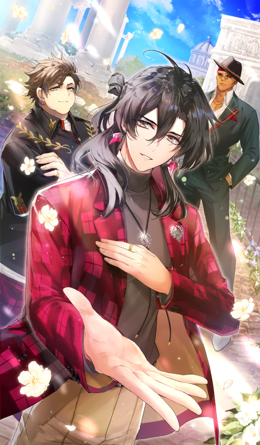 3boys, architecture, black_hat, black_jacket, black_pants, black_sclera, black_suit, blue_sky