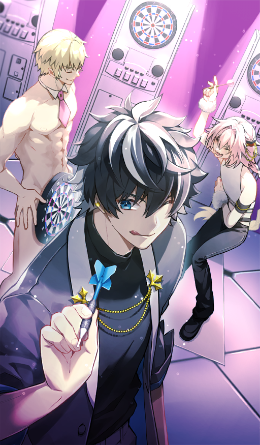 3boys, :d, ;q, abs, armband, astolfo_(fate), astolfo_(three_in_the_black)_(fate), bare_shoulders, black_hair, black_pants, black_shirt, black_shoes, blazer, blonde_hair, blue_eyes, braid, buttons, chaldea_boys_collection, chaldea_juukou_monogatari, charlemagne_(fate), charlemagne_(three_in_the_black)_(fate), closed_eyes, closed_mouth, collar, collar_chain_(jewelry), contrast_lapels, commentary, covering_privates, crop_top, dartboard, detached_collar, dutch_angle, ear_cuffs, fang, fate/grand_order, fate_(series), fur_wrist_cuffs, grey_jacket, grey_pants, group_picture, hair_between_eyes, hair_intakes, hair_ornament, hand_on_own_hip, hand_on_own_stomach, holding_dart, jacket, knees_together_feet_apart, lapels, laughing, leaning_forward, light_particles, long_hair, male_focus, multicolored_hair, multiple_boys, necktie, nipples, nude, nude_cover, official_art, one_eye_closed, open_clothes, open_jacket, open_mouth, paladins_of_charlemagne_(fate), pants, pectorals, pink_hair, pink_necktie, revision, roland_(fate), roland_(three_in_the_black)_(fate), shirt, shoes, short_hair, short_necktie, sideburns, single_braid, skin_fang, sleeveless, sleeveless_shirt, sleeveless_turtleneck, smile, spotlight, third-party_source, tongue, tongue_out, trap, turtleneck, two-tone_hair, very_long_hair, wand3754, white_collar, white_hair, white_shirt, white_wrist_cuffs, wingtip_collar, wrist_cuffs