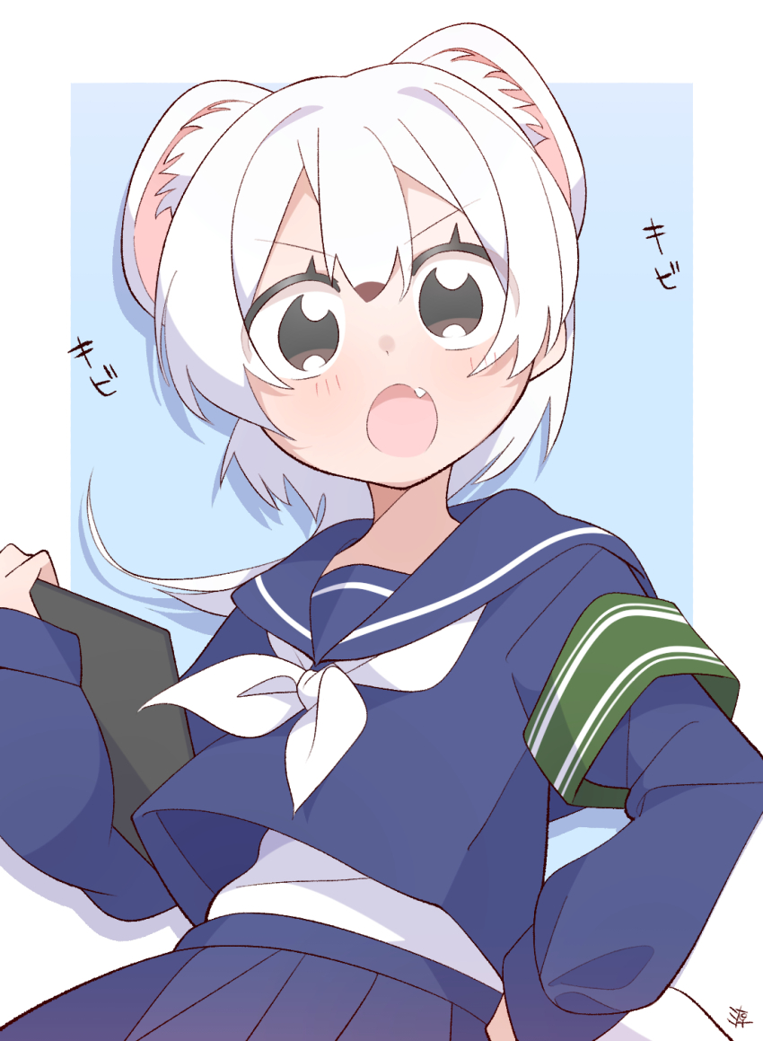 1girl, 37minamoto, alternate_costume, animal_ears, armband, blue_shirt, blue_sky, blush, brown_eyes, brown_hair, clipboard, cowboy_shot, extra_ears, fang, highres, holding, holding_clipboard, kemono_friends, long_sleeves, looking_at_viewer, multicolored_hair, neckerchief, open_mouth, pleated_skirt, sailor_collar, school_uniform, serafuku, shirt, sidelocks, skirt, sky, solo, stoat_(kemono_friends), tail, translation_request, two-tone_hair, undershirt, weasel_ears, weasel_girl, weasel_tail, white_hair, white_neckerchief