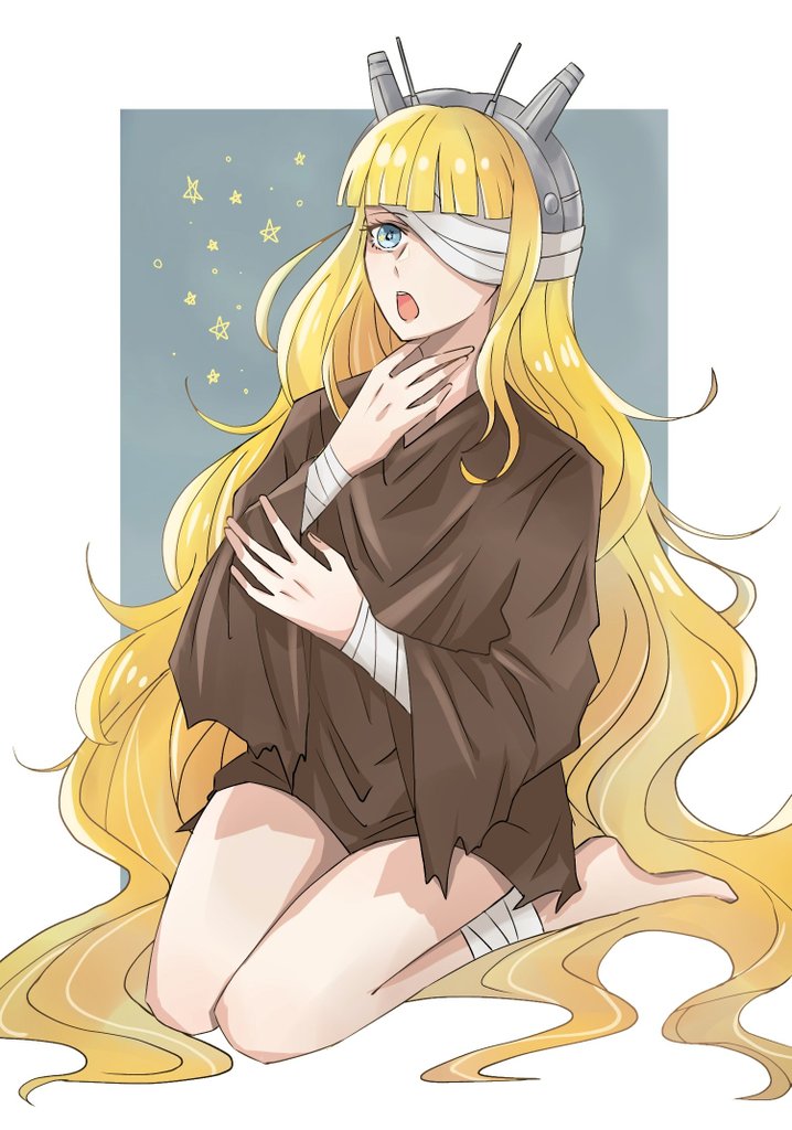 1girl, bandage_over_one_eye, bandaged_ankle, bandaged_arm, bandaged_wrist, bandages, barefoot, blonde_hair, blue_eyes, border, brown_shirt, d.gray-man, fake_horns, grey_background, hand_on_own_neck, helmet, horned_helmet, horns, kneeling, lala_(d.gray-man), long_hair, looking_ahead, looking_to_the_side, loose_clothes, loose_shirt, no_pants, one_eye_covered, open_mouth, outside_border, raia_(pomq_1357), shirt, sidelocks, solo, star_(symbol), thighs, two-tone_background, very_long_hair, white_background, white_border, wide_sleeves