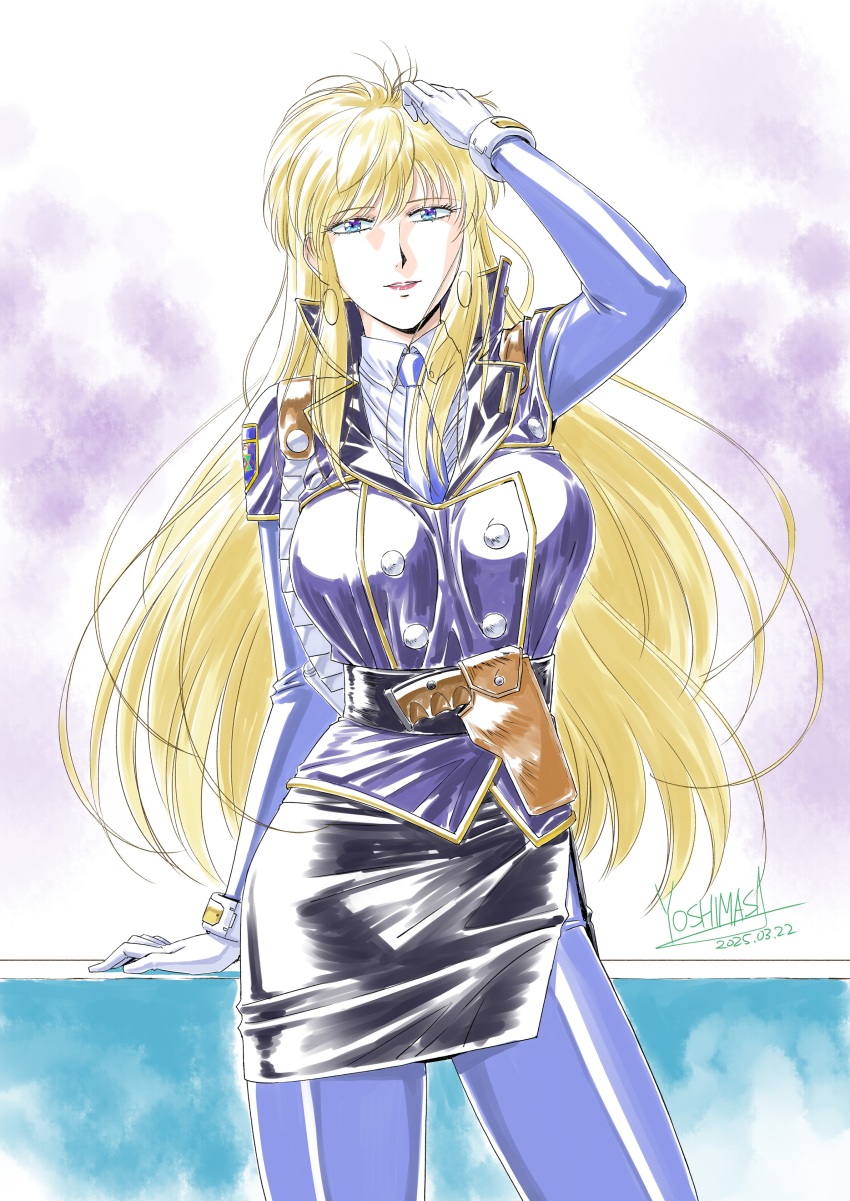 1990s_(style), absurdres, blonde_hair, blue_eyes, breasts, gloves, gun, highres