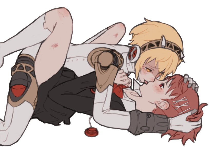 2girls, aigis_(persona), android, between_legs, blonde_hair, blush, brown_hair, forced_kiss, french_kiss, gekkoukan_high_school_uniform, girl_on_top, hair_ornament, hairclip, head_grab, headphones, highres, joints, kiss, multiple_girls, persona, persona_3, pinned, ponytail, robot_ears, robot_girl, robot_joints, school_uniform, shadow_aigis, shiomi_kotone, short_hair, smile, tbjj1208, tearing_up, yellow_eyes, yuri