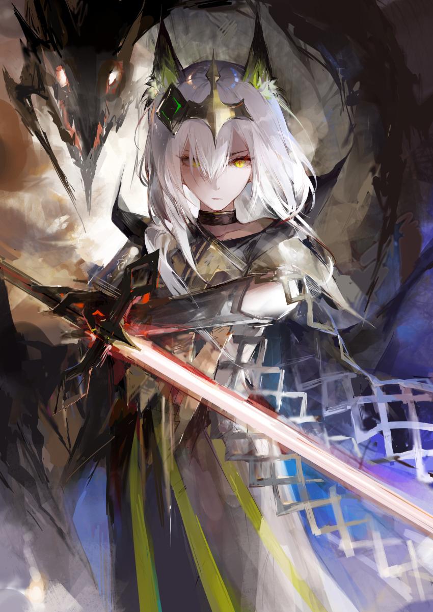 1girl, absurdres, animal_ears, arknights, armor, armored_dress, black_choker, blue_eyes, cape, cat_ears, cat_girl, chinese_commentary, choker, collared_cape, commentary, dress, expressionless, gauntlets, glowing, glowing_sword, glowing_weapon, hair_between_eyes, headpiece, highres, holding, holding_sword, holding_weapon, kal'tsit_(arknights), long_hair, looking_at_viewer, mon3tr_(arknights), mon3tr_(summon)_(arknights), qiang45042, reverse_grip, slit_pupils, solo, straight-on, sword, weapon, white_hair