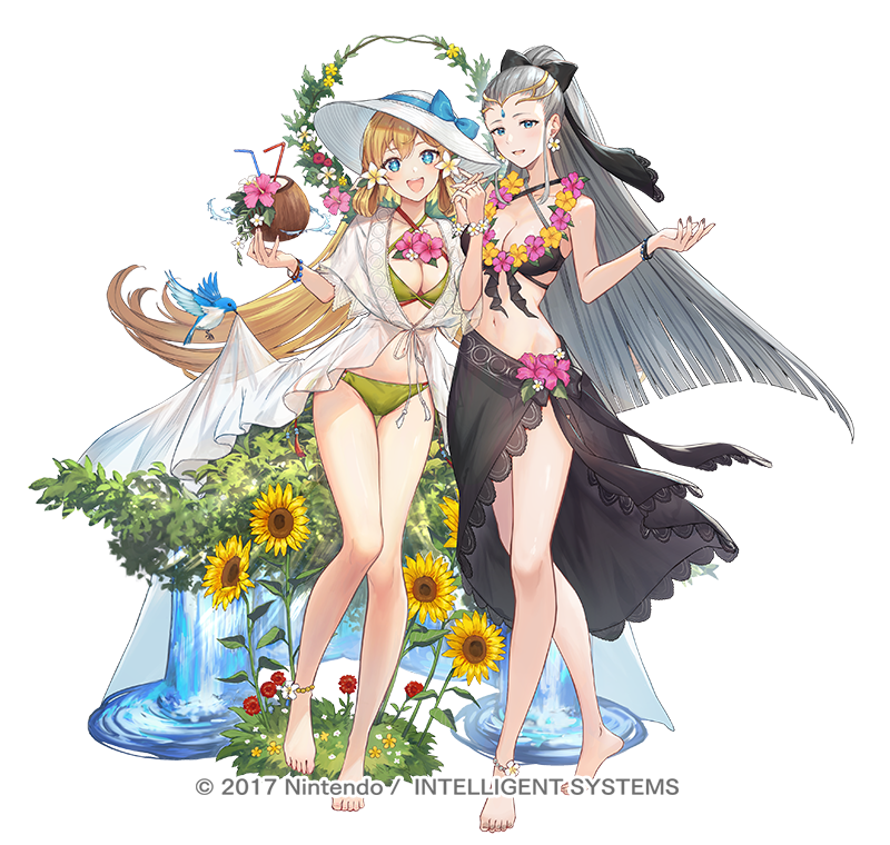 2girls, :d, aqua_eyes, bare_legs, barefoot, bikini, bird, blonde_hair