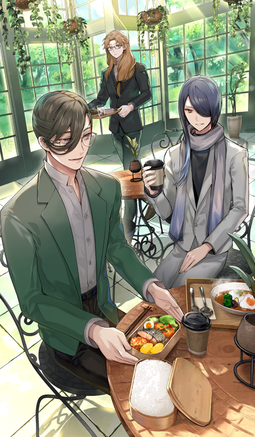 3boys, belt, belt_buckle, bento, black-framed_eyewear, black_belt, black_jacket, black_shirt