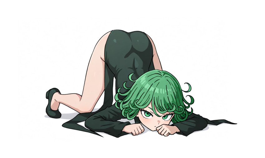 1girl, all_fours, ass, black_dress, black_shoes, commentary, curly_hair, dress, english_commentary, green_eyes, green_hair, hands_on_ground, looking_at_viewer, median_furrow, one-punch_man, prickly-chan_(ycactussprout), shoes, simple_background, solo, tatsumaki, top-down_bottom-up, white_background