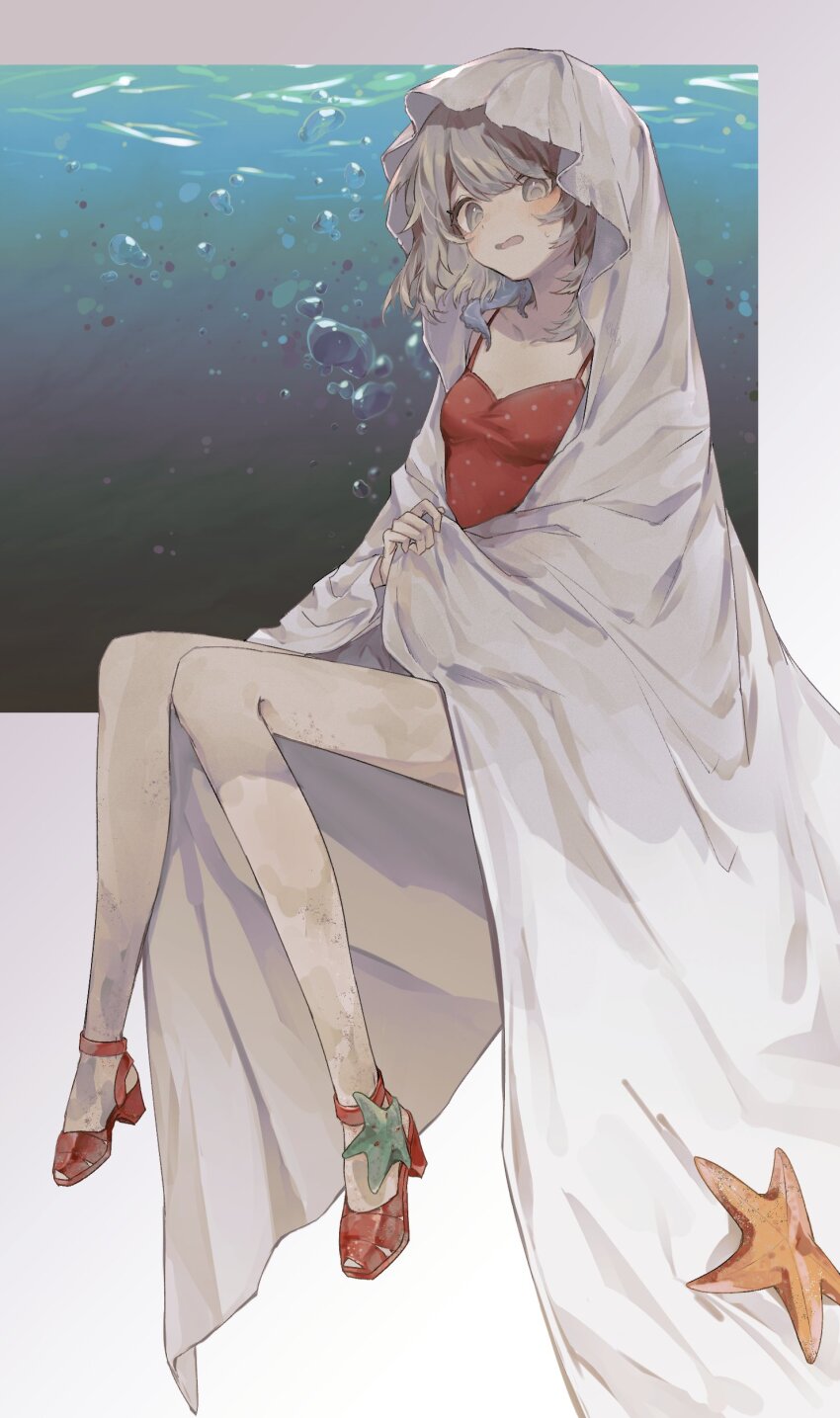 1girl, absurdres, blush, ebi0_r, full_body, ghost_costume, grey_background, grey_eyes