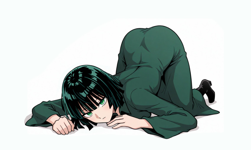 1girl, all_fours, ass, black_boots, bob_cut, boots, commentary, dress