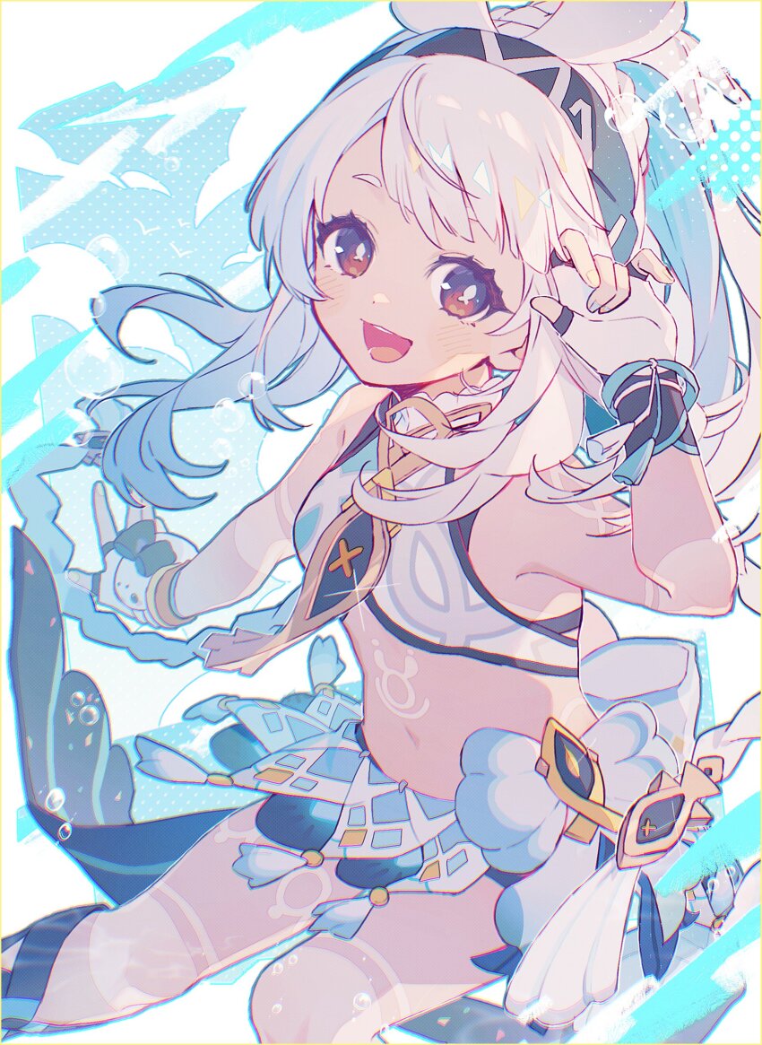 1girl, :d, absurdres, anetu_u107, black_hairband, blue_hair, blue_skirt, blue_sky