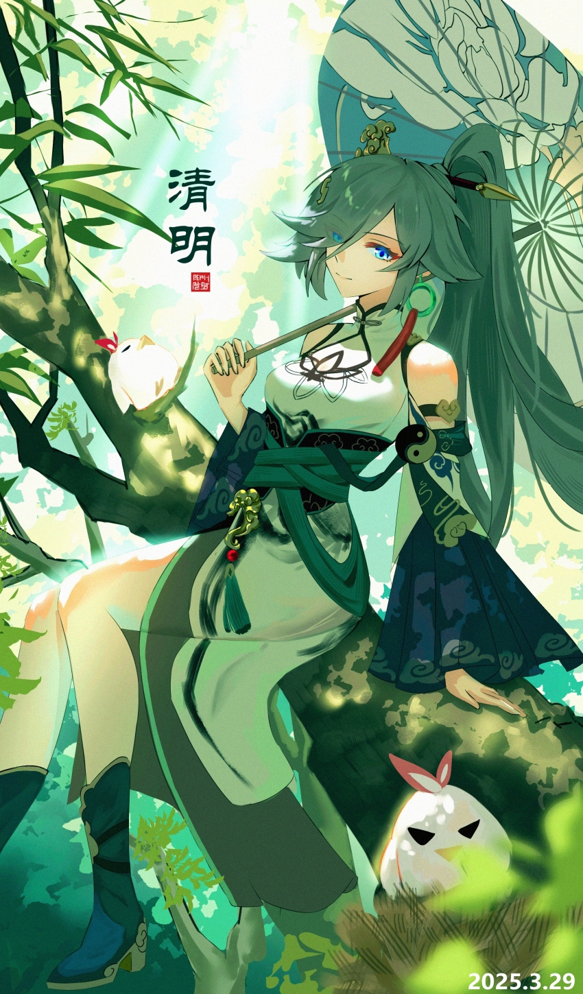 1girl, absurdres, bamboo, blue_eyes, china_dress, chinese_clothes, chinese_commentary, chinese_text