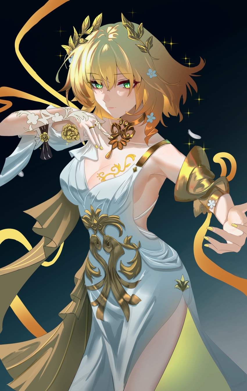 1girl, absurdres, aglaea_(honkai:_star_rail), black_background, blonde_hair, breasts, chest_tattoo, chinese_commentary