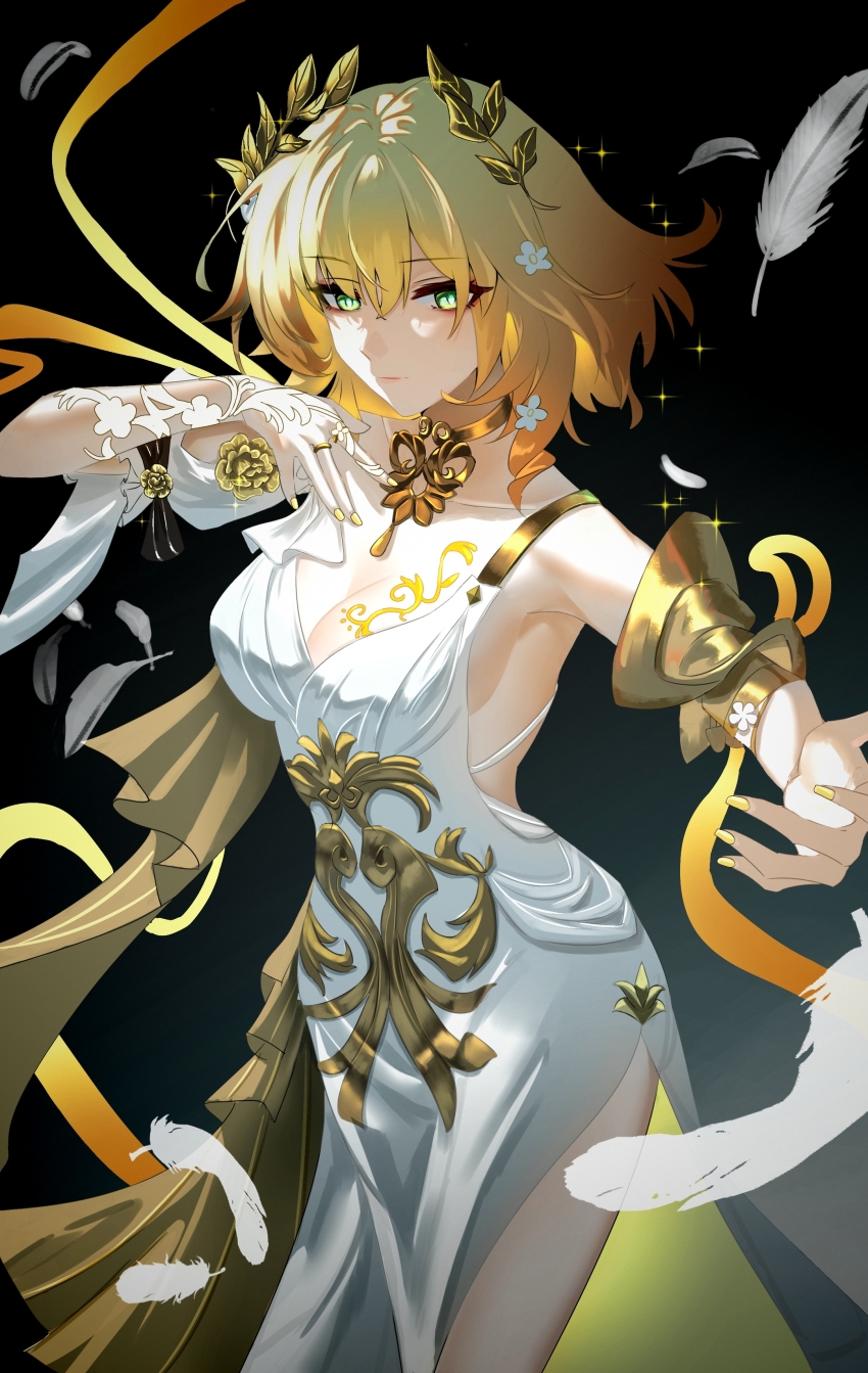 1girl, absurdres, aglaea_(honkai:_star_rail), black_background, blonde_hair, breasts, chest_tattoo, chinese_commentary, cleavage, commentary, dress, feathers, flower, gold_choker, gradient_background, green_eyes, hand_up, he_jiu, head_wreath, highres, honkai:_star_rail, honkai_(series), jewelry, medium_hair, ring, sleeveless, sleeveless_dress, solo, tattoo, white_dress, white_feathers, white_flower, yellow_nails