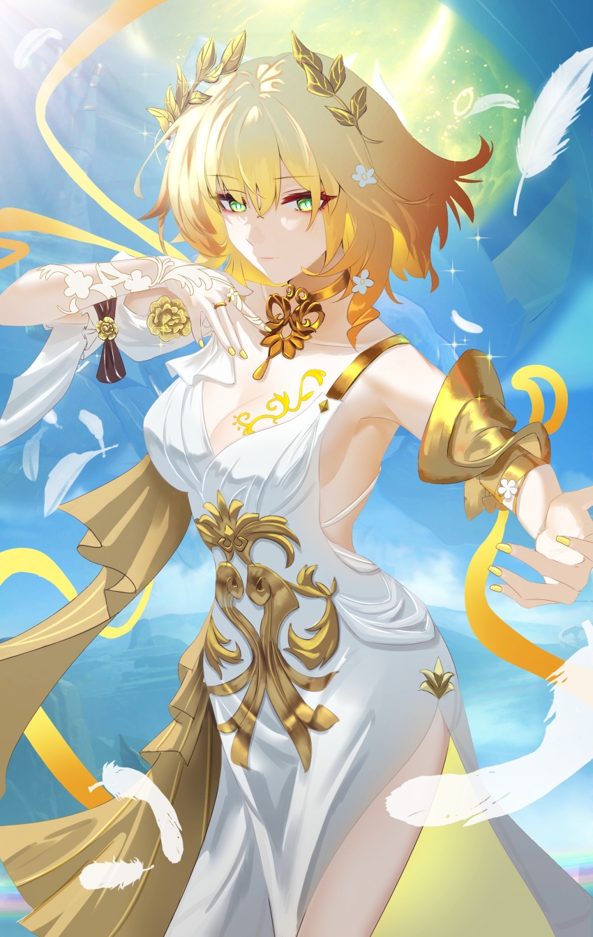 1girl, absurdres, aglaea_(honkai:_star_rail), blonde_hair, blue_sky, breasts, chest_tattoo, chinese_commentary