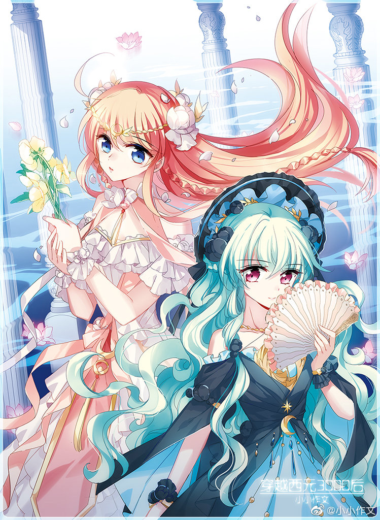 2girls, aqua_hair, arm_at_side, bare_shoulders, black_dress, black_flower, blue_dress, blue_eyes